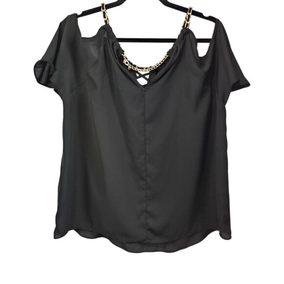 💎INC International Concepts Lace-Up Cold-Shoulder Chain Black Top - Picture 6 of 8